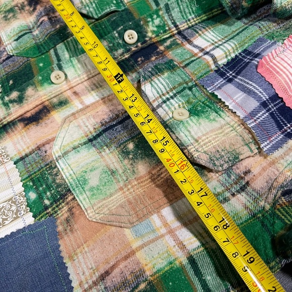 UpcycledAeropostale Green Plaid Bleached Flannel Denim Vintage Fabric Patchwork - Picture 7 of 8